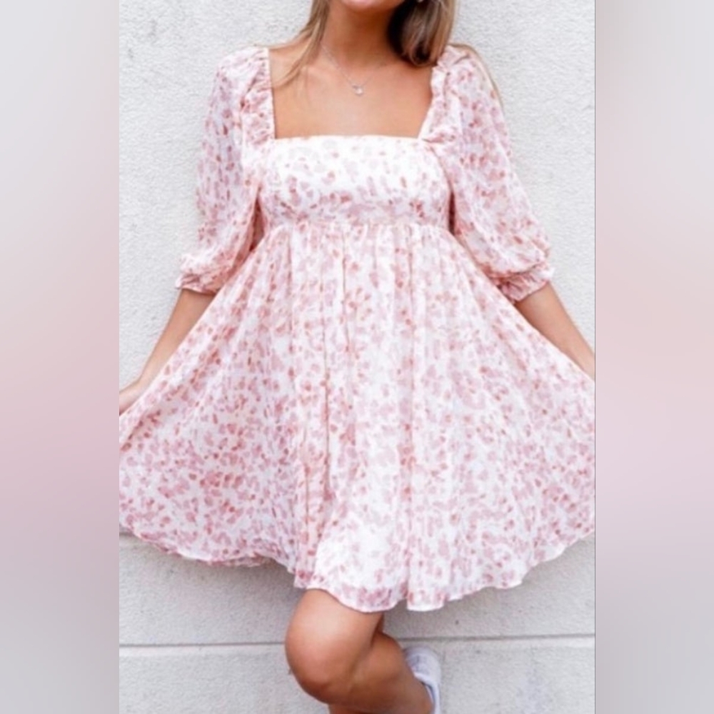 Storia Puff Sleeve Babydoll Pink Floral Spring Dress Size Small.